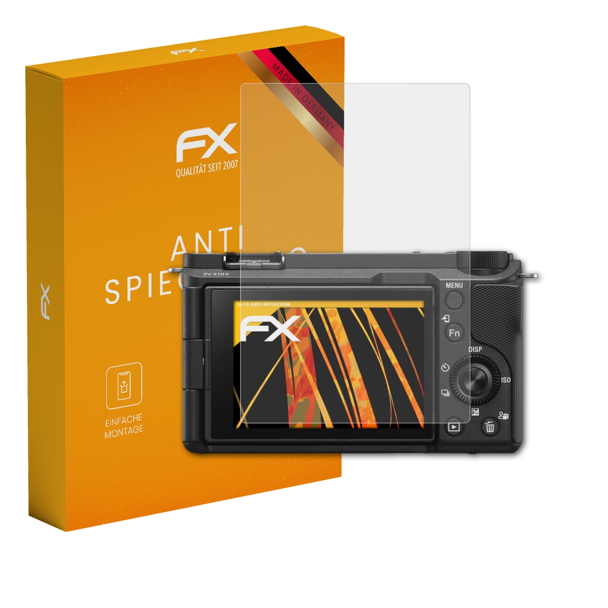 Eine schwarze Kamera mit klarem Displayschutz und eine orangefarbene Box.