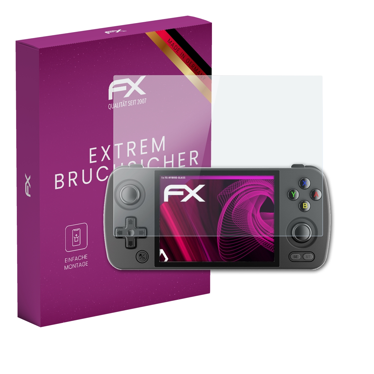 Handheld-Gaming-Gerät mit Displayschutzfolie und Box. Die Box ist lila mit weißem Text.