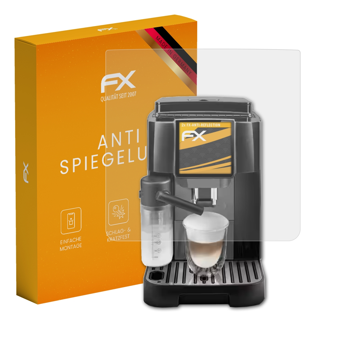 Ein Displayschutz wird über eine Kaffeemaschine mit einer orangefarbenen Box im Hintergrund gelegt.
