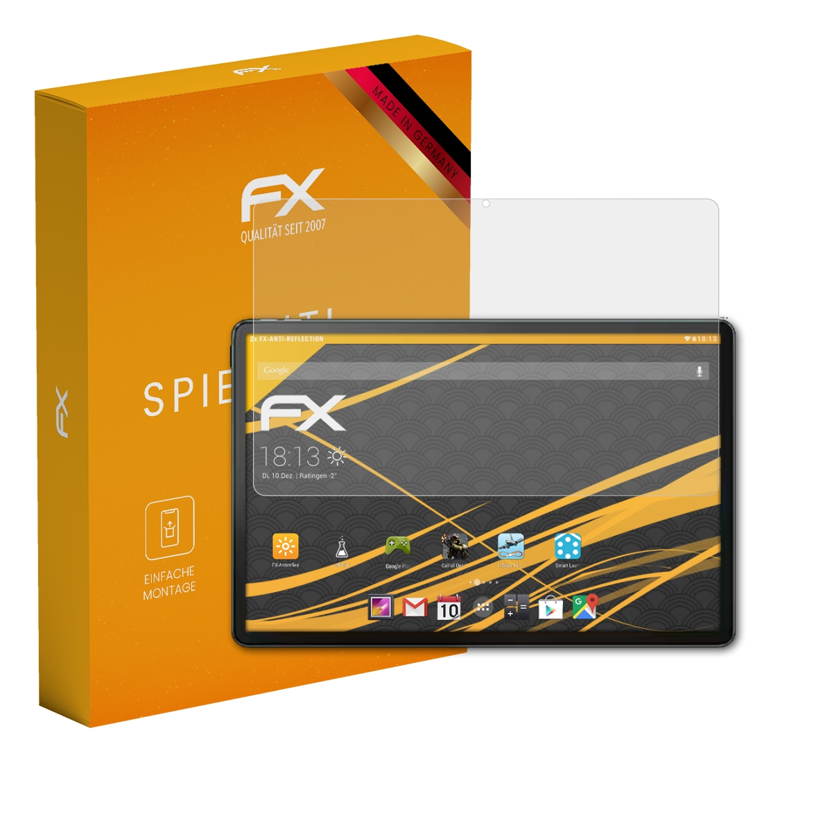 Ein Tablet mit Displayschutz. Links befindet sich eine Box mit Produktinformationen.