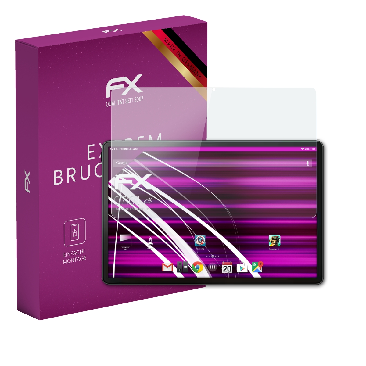 Ein Tablet mit Displayschutz, eine lila Schachtel mit Text und ein Aufkleber "Made in Germany".