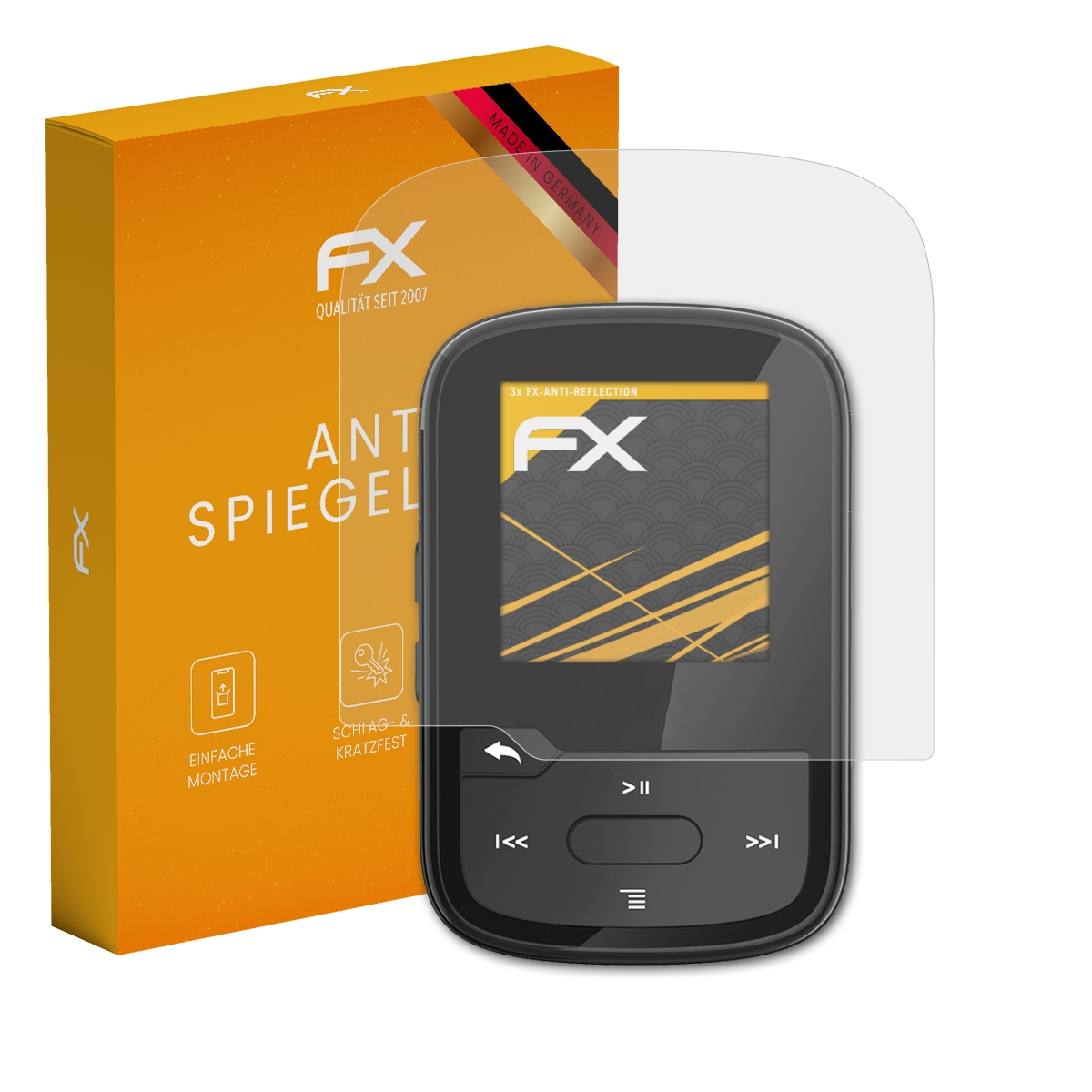 Schwarzer MP3-Player mit Displayschutzfolie, neben einer gelben Schachtel mit 'FX' und 'Made in Germany'.