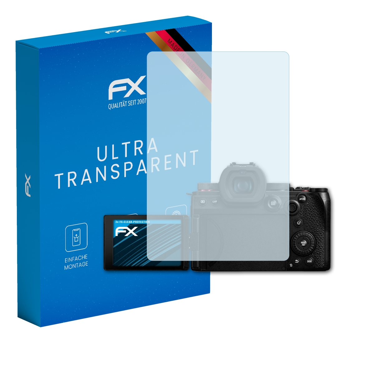 Kamera mit Displayschutz. Blaue Box mit FX-Logo. Bildschirm zeigt FX-Logo.