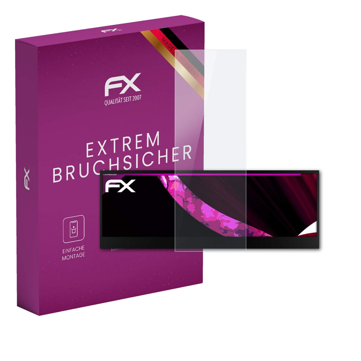 Eine violette Schachtel mit Displayschutzfolie. Die Schachtel hat Text: EXTREM BRUCHSICHER. Ein Displayschutz ist auf einem Display.