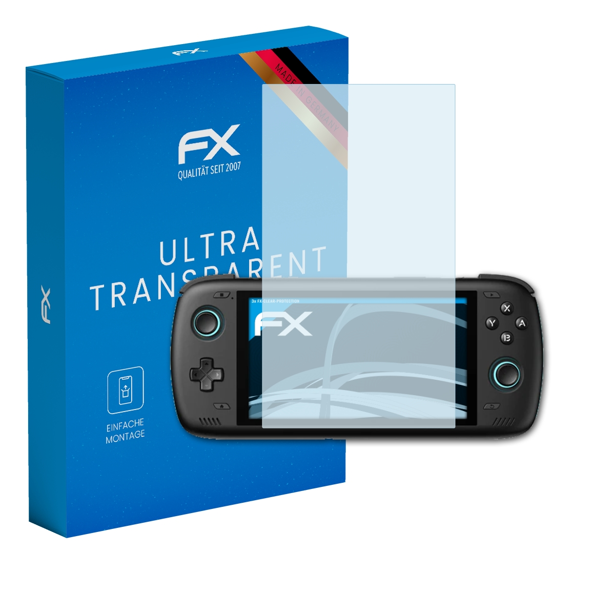 Ein Handheld-Gaming-Gerät mit Displayschutz wird neben einer Box angezeigt. Der Bildschirm ist sichtbar.