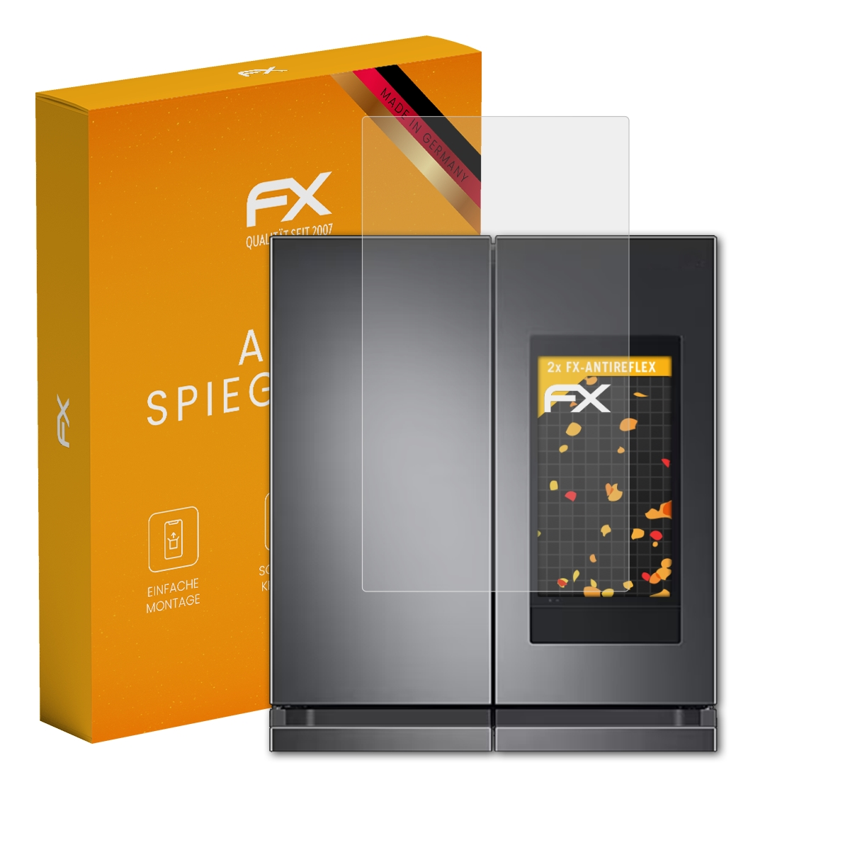 Orange Box mit Kühlschrank und Displayschutzfolie. FX-Logo sichtbar. Der Kühlschrank ist grau.