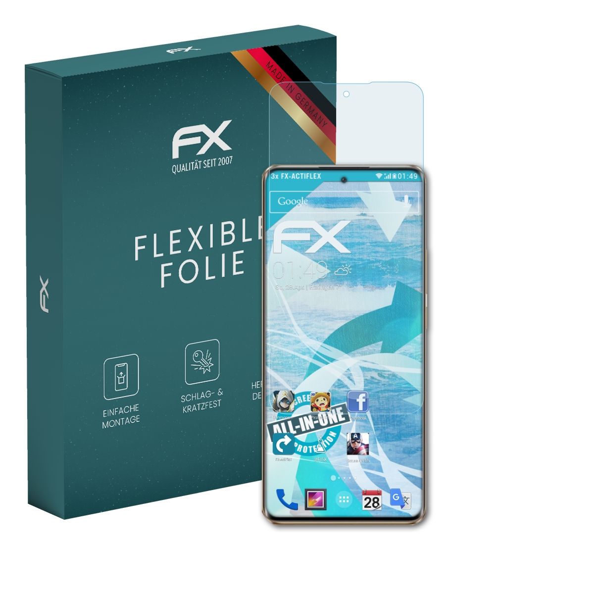 Smartphone mit Displayschutz, Box mit FX-Logo. Text auf der Box: Flexible Folie. Made in Germany.