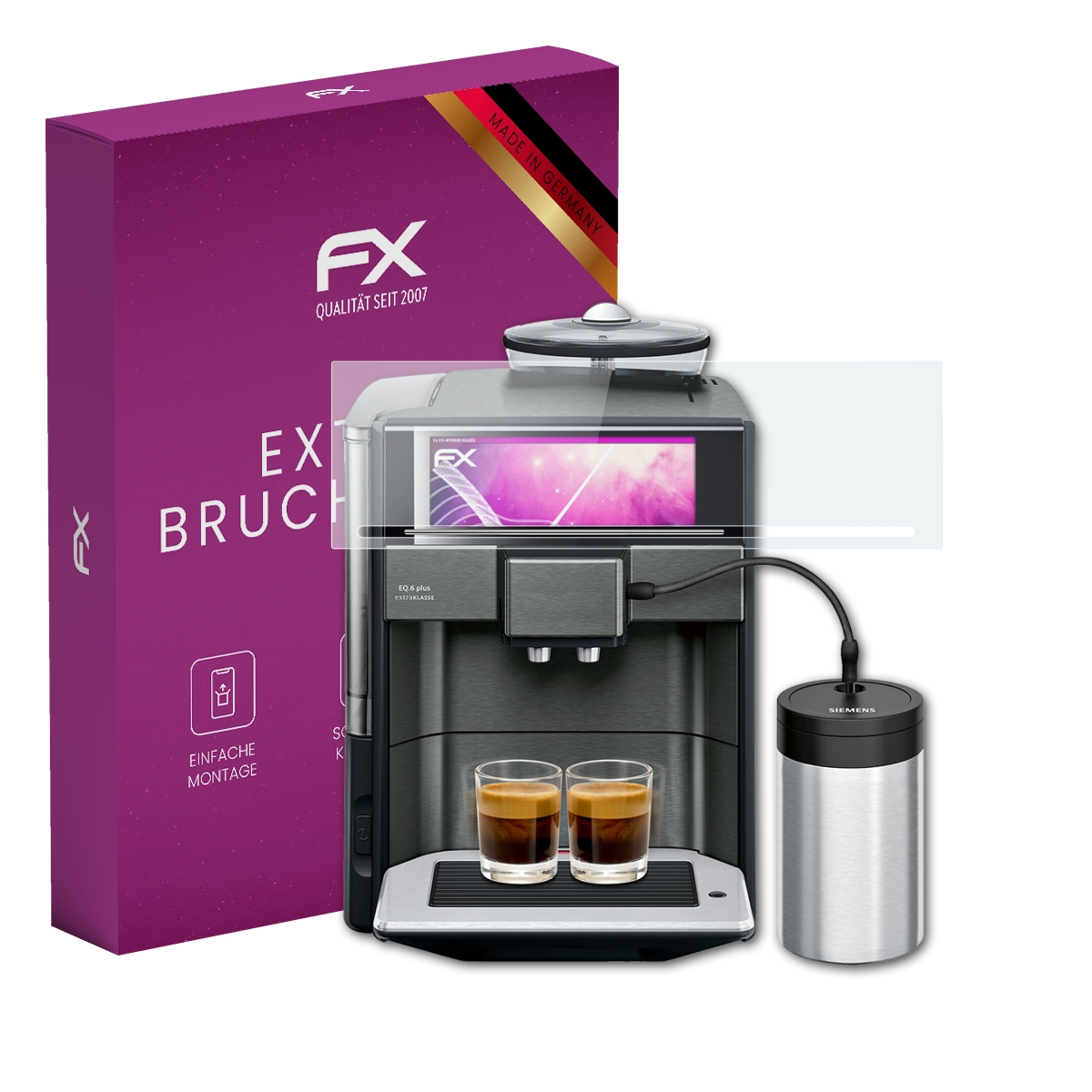 Eine Kaffeemaschine mit Displayschutz und lila Box.