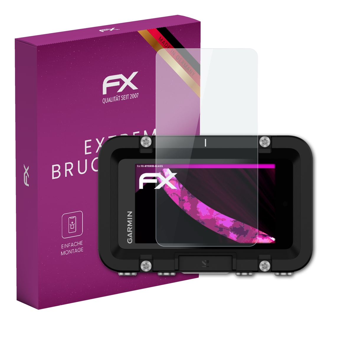 Ein schwarzes Gerät mit Displayschutz und einer lila Box. Auf der Box steht Extrem Bruchsiche.