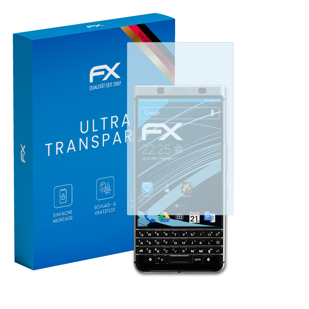 Blackberry-Telefon mit Displayschutzfolie und blauer Box. Box mit 'FX' und 'Made in Germany'.