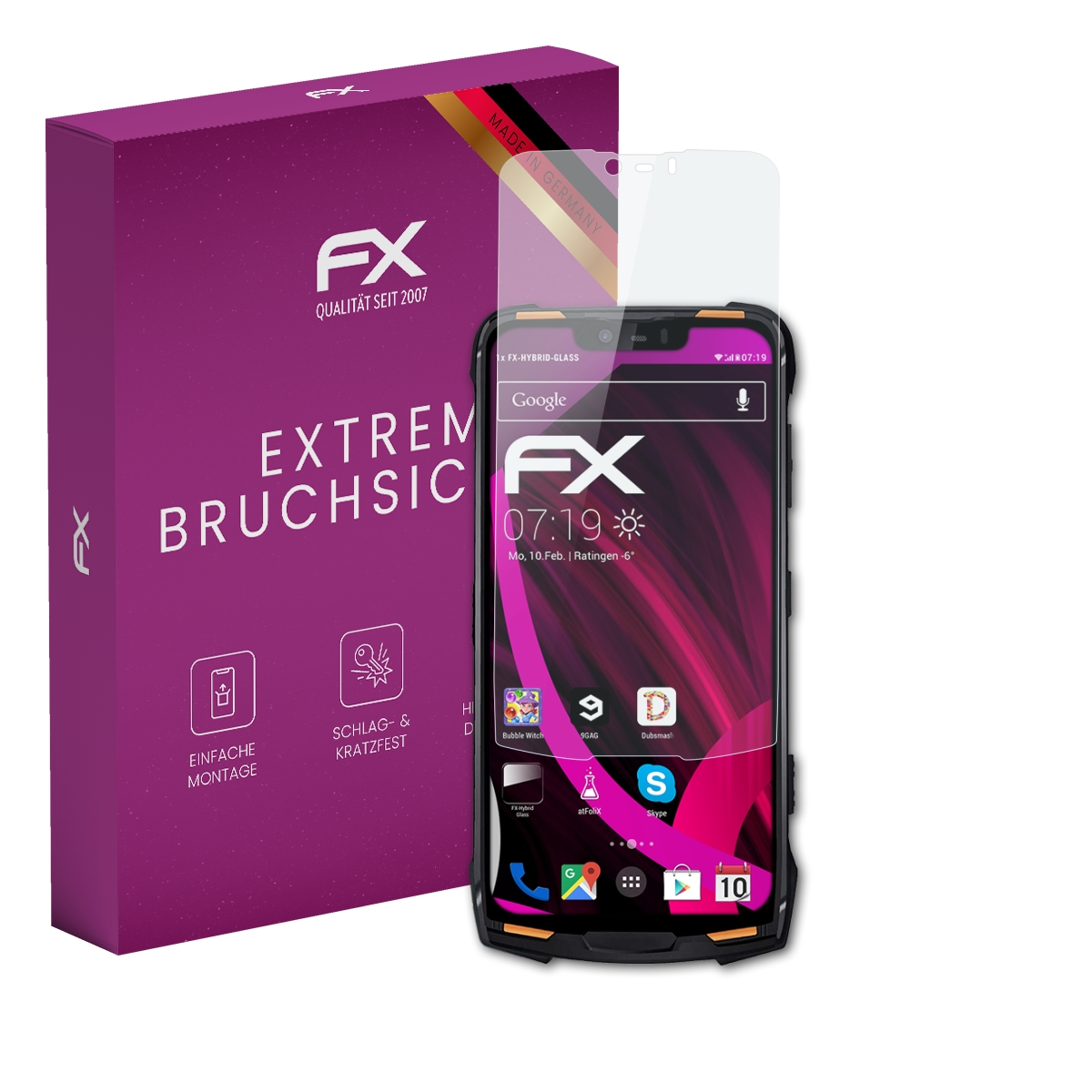 Telefon mit Displayschutz und Box. Text auf der Box: EXTREM BRUCHSIC, FX. Telefon zeigt die Uhrzeit.