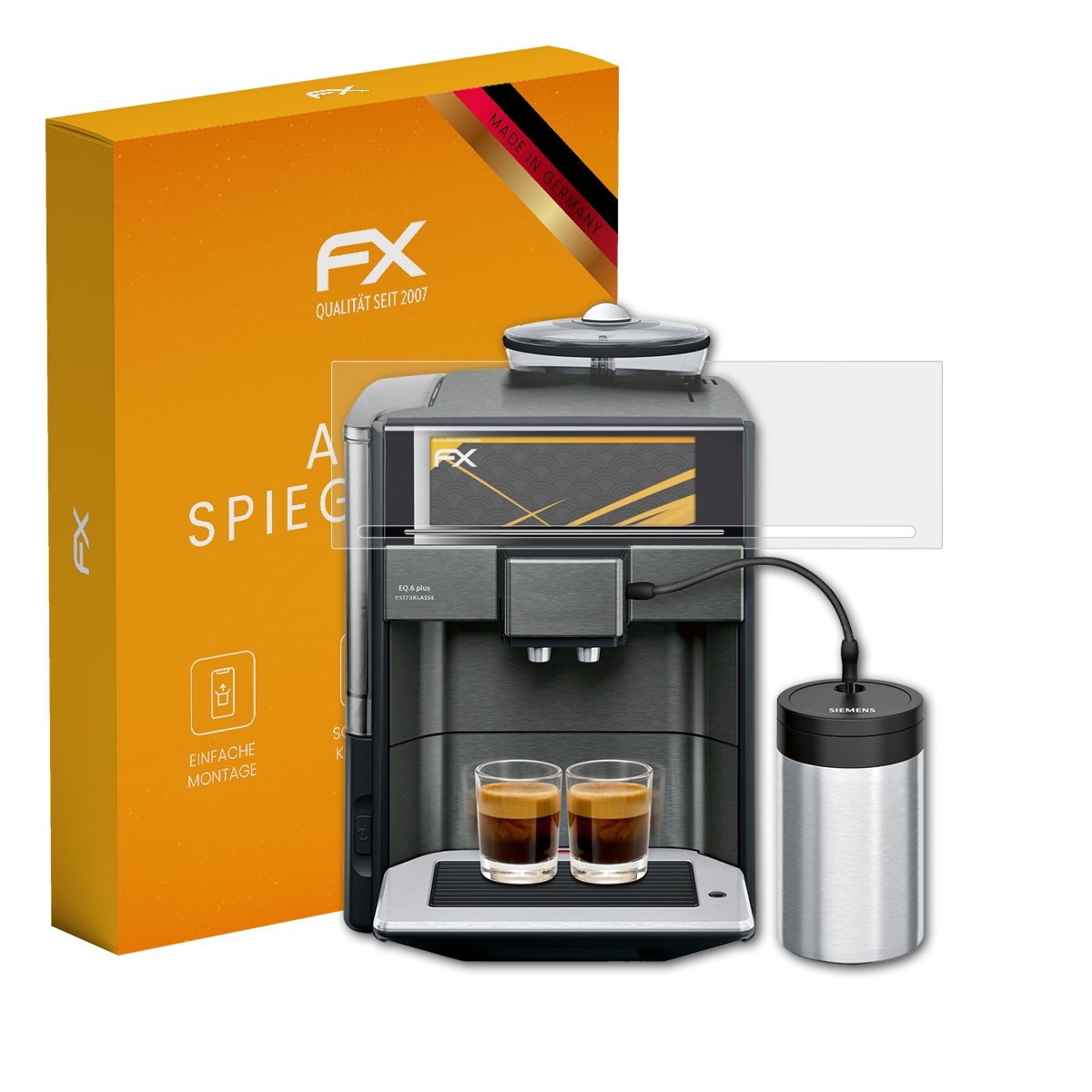 Eine Kaffeemaschine mit Displayschutz, eine Schachtel mit FX-Logo und Made in Germany Aufkleber.