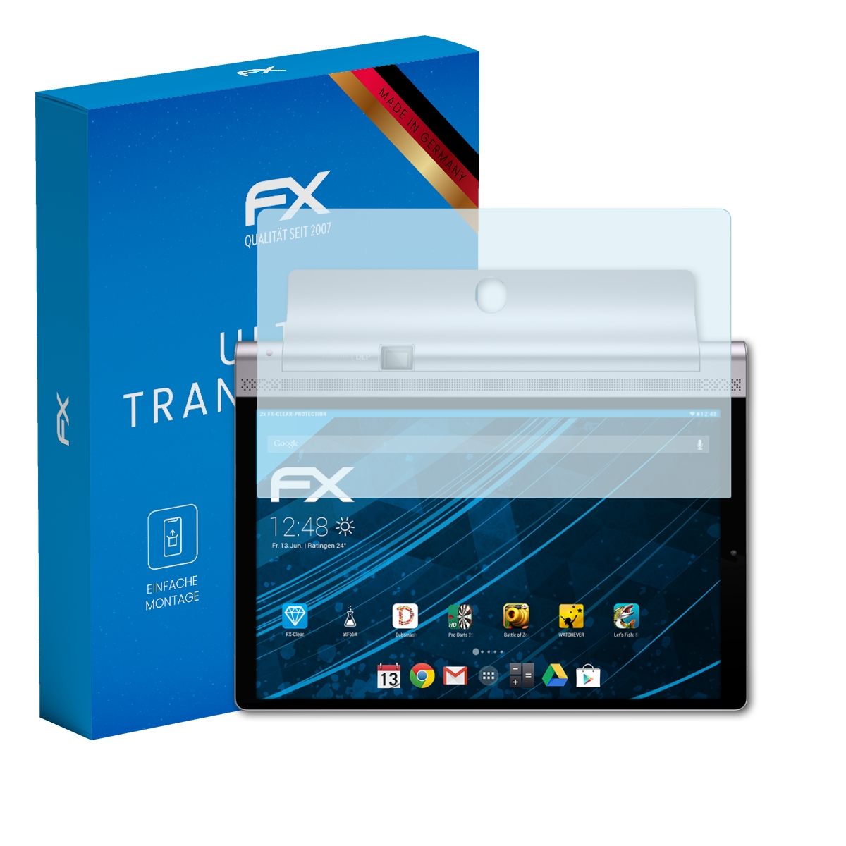 Tablet mit Displayschutz, blaue Box mit FX-Logo und Text, weißer Hintergrund. Made in Germany.