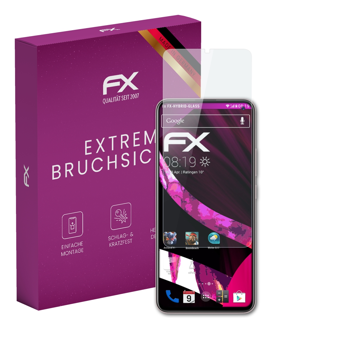 Telefon mit Displayschutz, Box. Telefon zeigt App-Symbole und Uhrzeit. Box hat Text und FX-Logo.