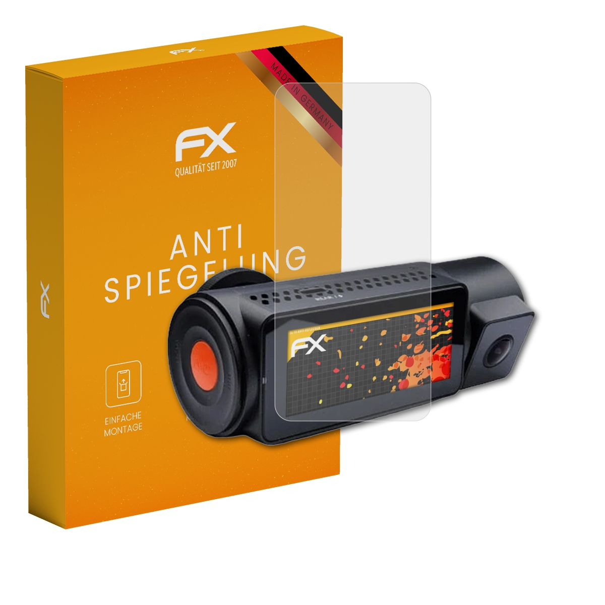 Dashcam mit Displayschutz, orangefarbene Box mit Text.