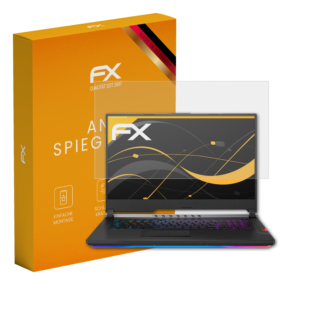 Ein Laptop mit Displayschutz und eine orangefarbene Box mit Text.