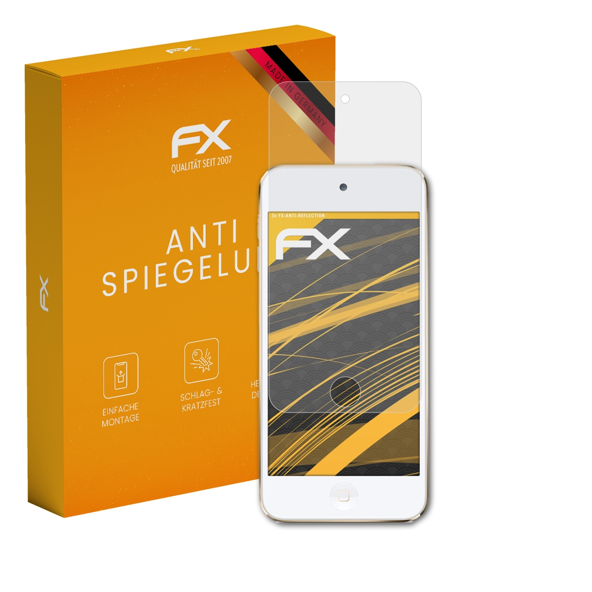 Weißes Telefon mit Displayschutz, neben einer orangefarbenen Box mit deutschem Text.