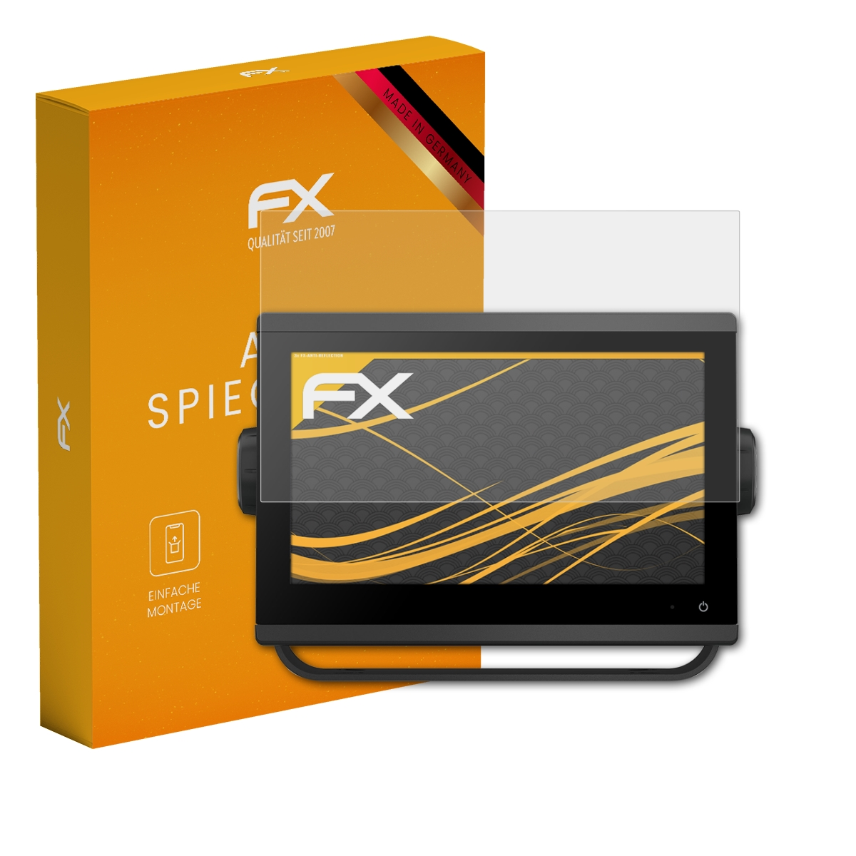 Schwarzer Bildschirm mit Schutzfolie, orangefarbene Box.