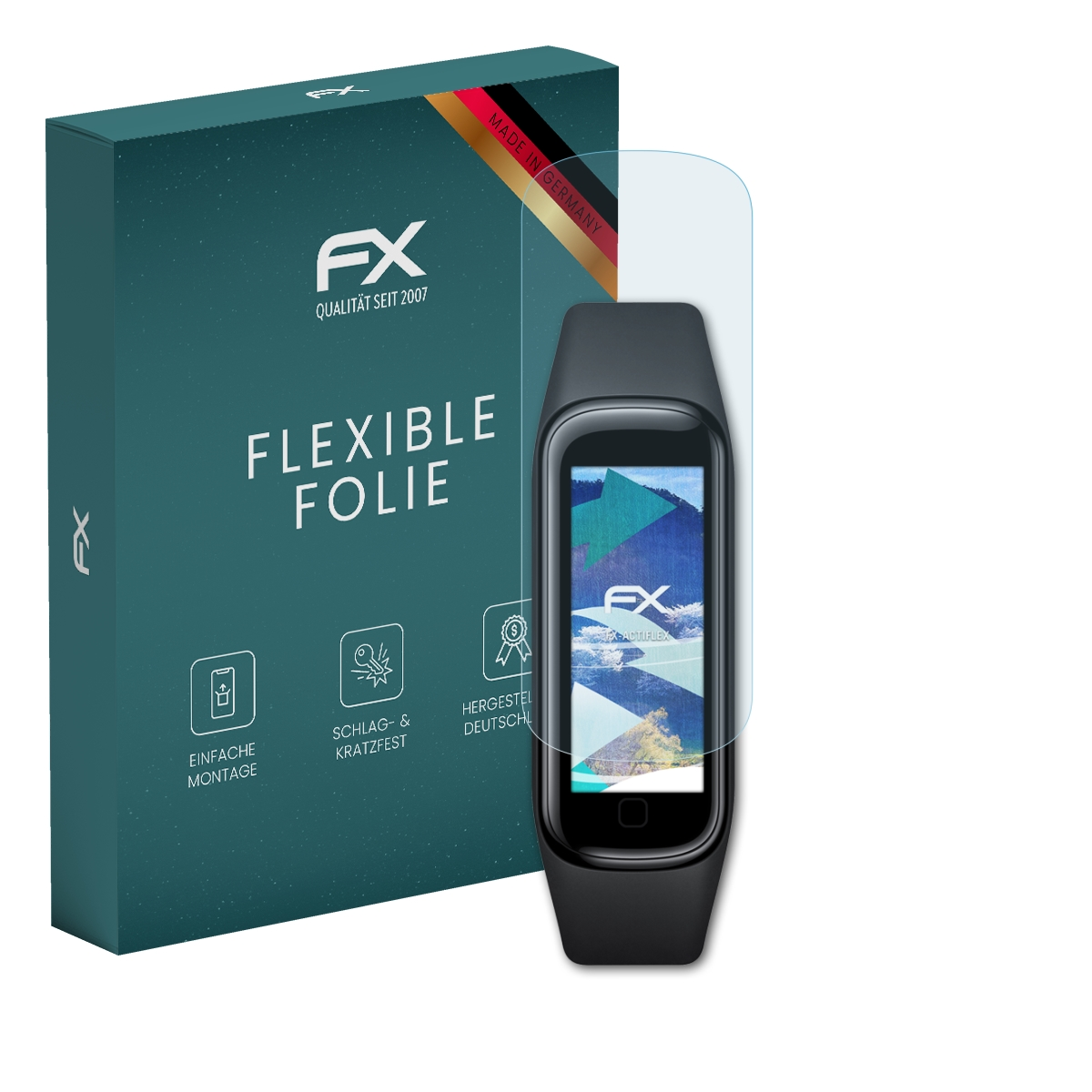 Fitness-Armband mit Displayschutzfolie, blaue Box im Hintergrund.
