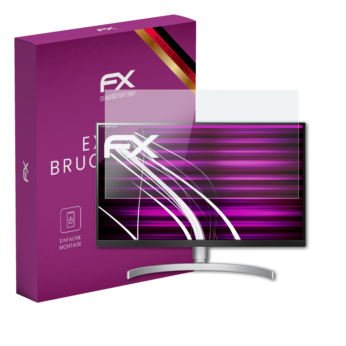 Monitor mit Displayschutz und lila Box. Der Bildschirm zeigt ein abstraktes Design in Lila und Weiß.