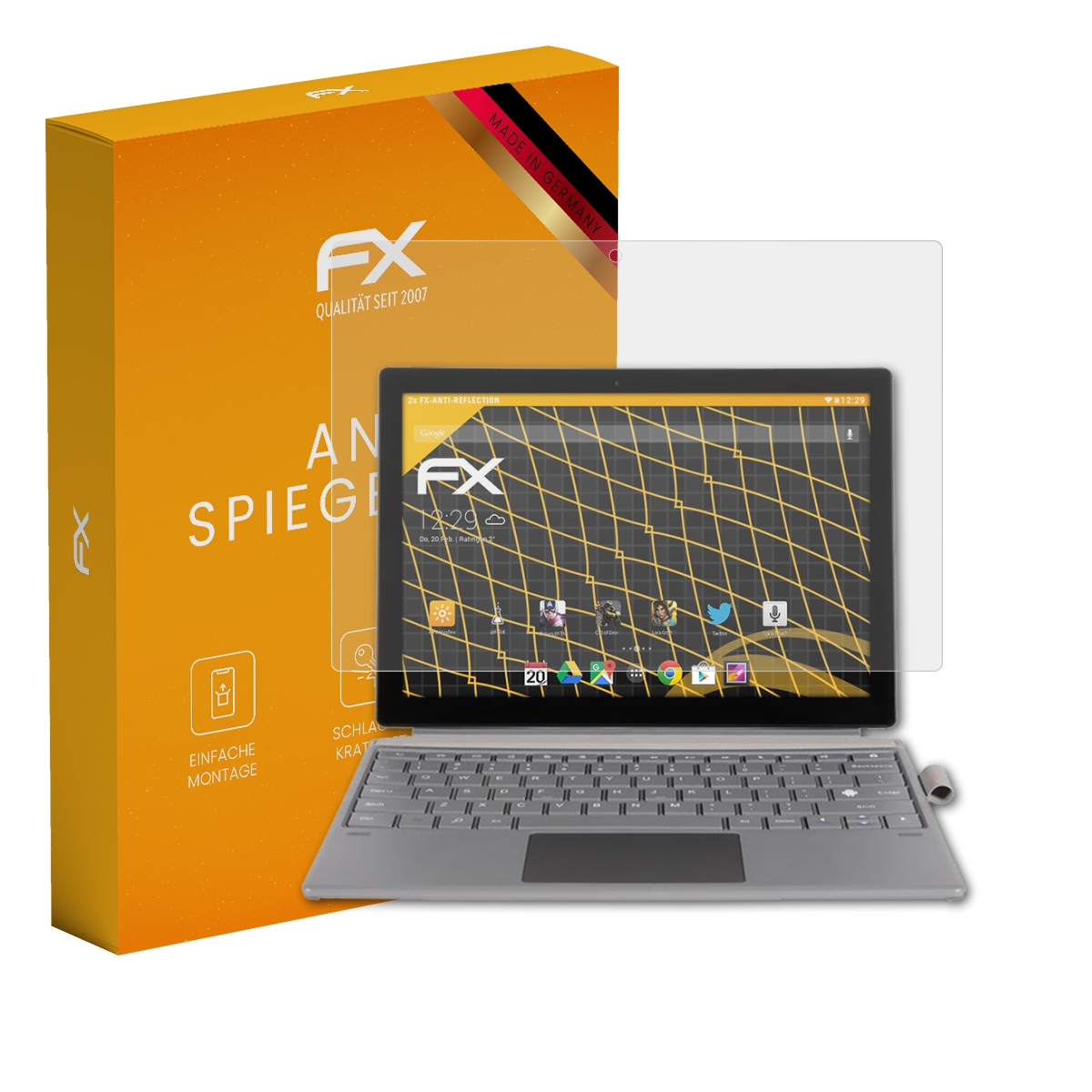 Laptop mit Displayschutz und orangefarbener Box. Der Bildschirm zeigt gelbes Rastermuster auf schwarzem Hintergrund.