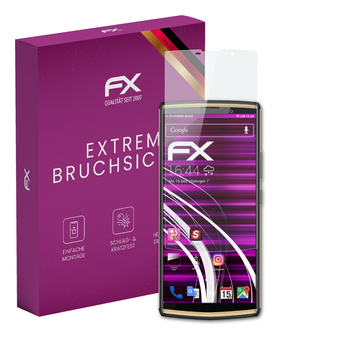 Lila Box mit Telefon, das Zeit, Apps und Displayschutz zeigt. Auf der Box steht 'EXTREME BRUCHSICHER'.