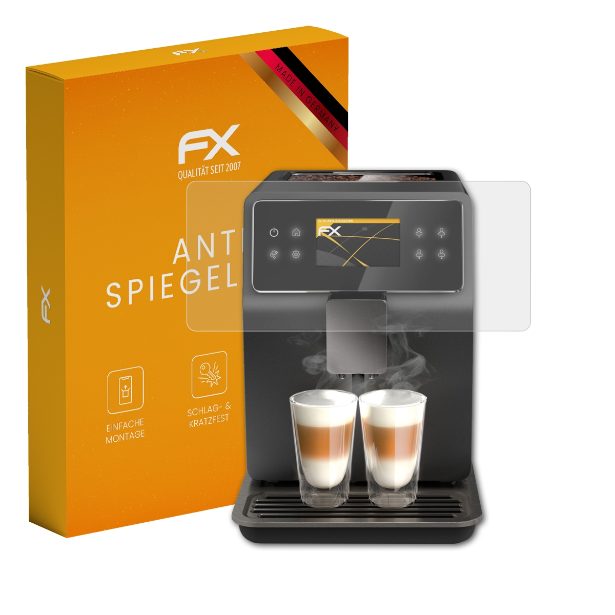 Eine Kaffeemaschine mit Displayschutz und eine orangefarbene Box mit der Aufschrift 'ANTI SPIEGEL'.