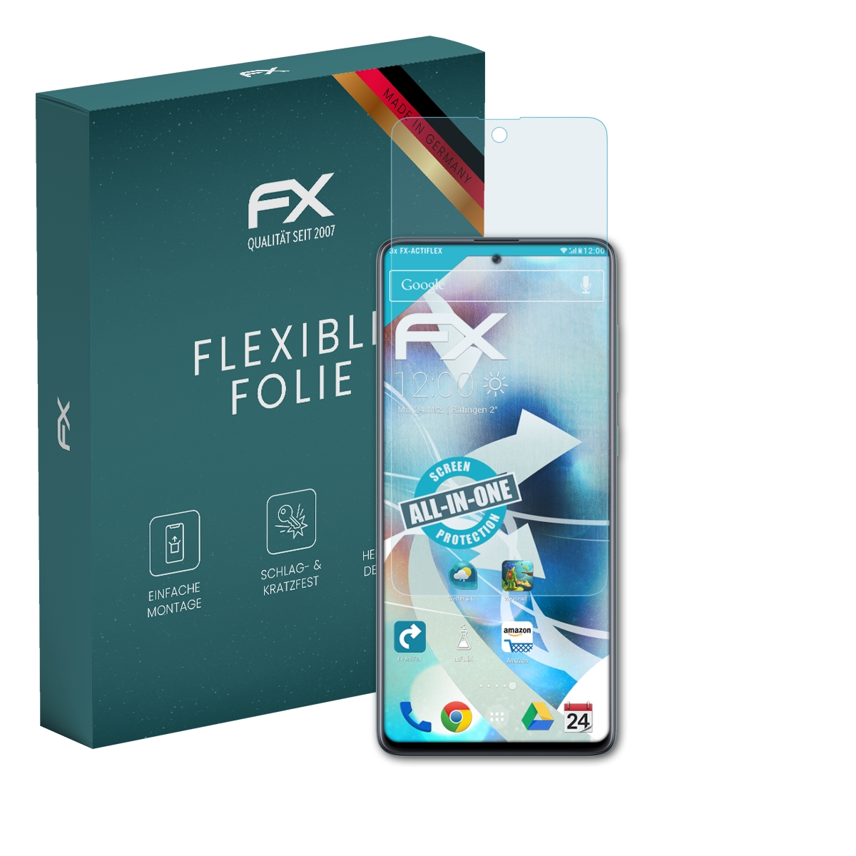 Telefon mit Displayschutzfolie neben einer Box. Die Box ist türkis und trägt die Aufschrift FX.