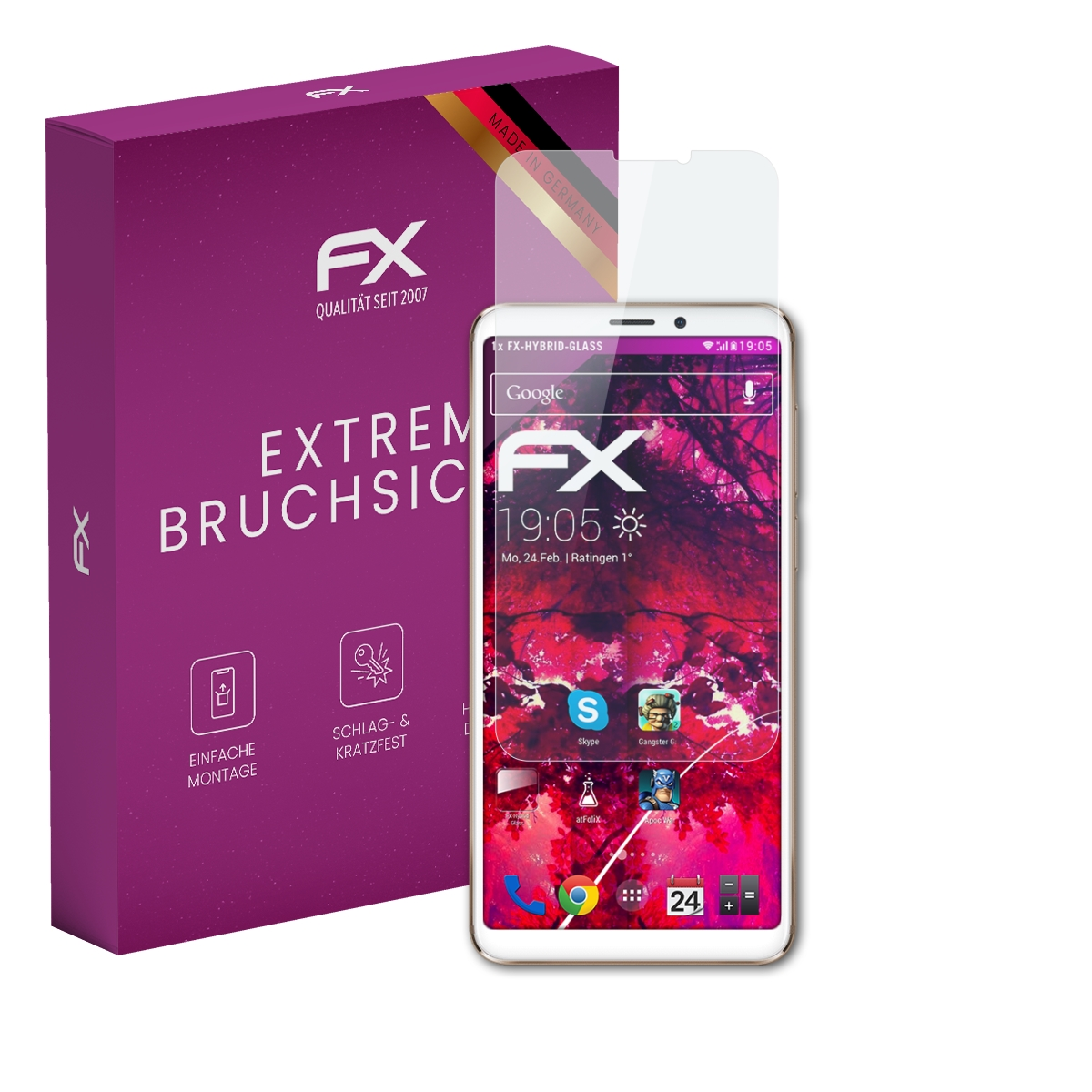 Smartphone mit Displayschutz und Box. Text: FX, Extrem bruchsicher. Hergestellt in Deutschland.