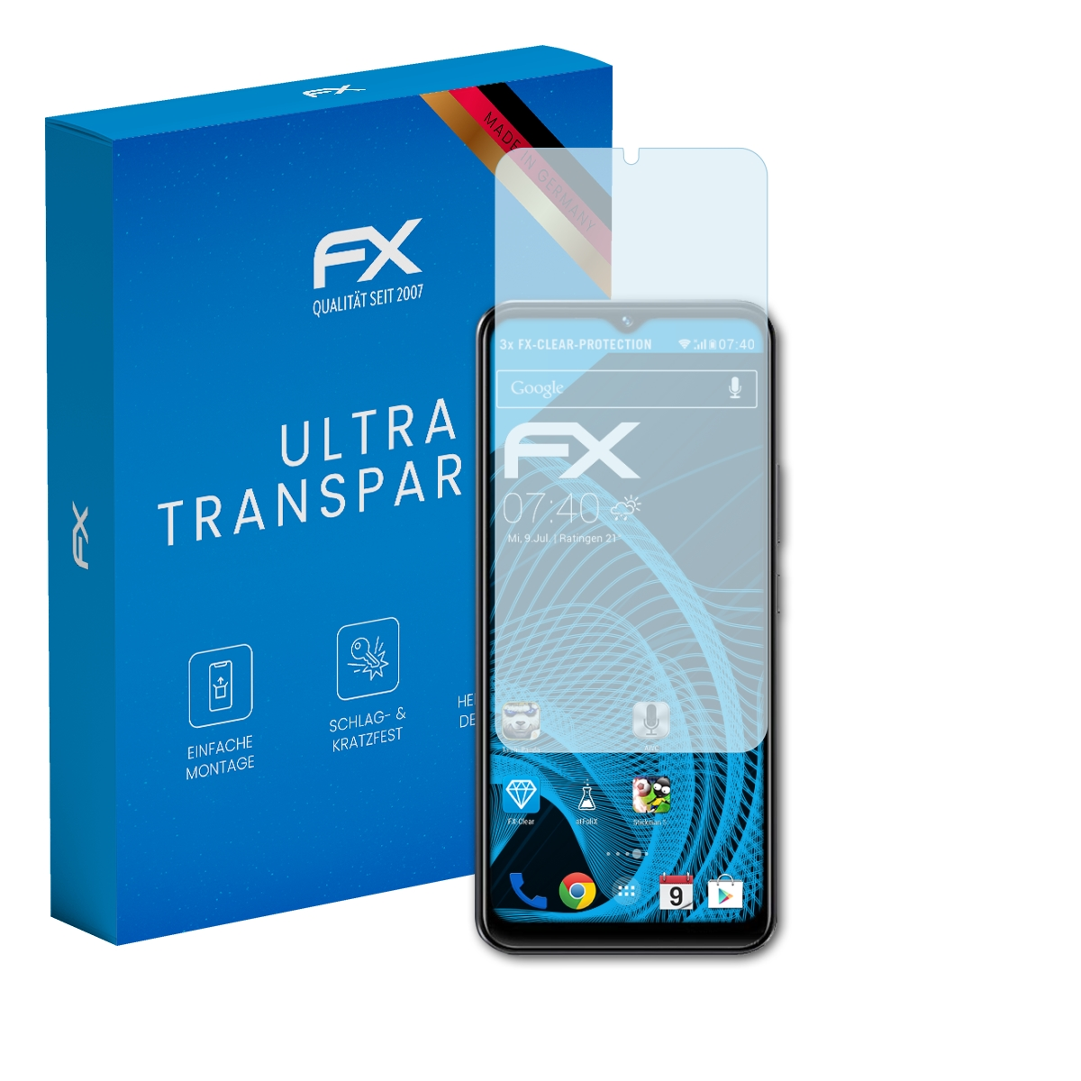 Ein Handy mit Displayschutz neben einer blauen Box mit der Aufschrift 'Ultra Transparent'.