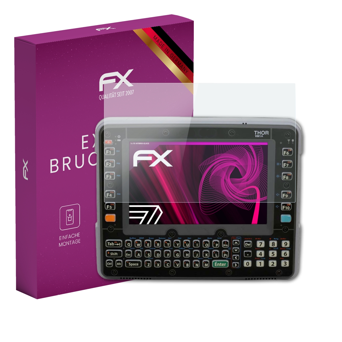 Schwarzes Handheld-Gerät mit Displayschutz, zeigt pinkes Design und eine lila Box mit FX-Logo.