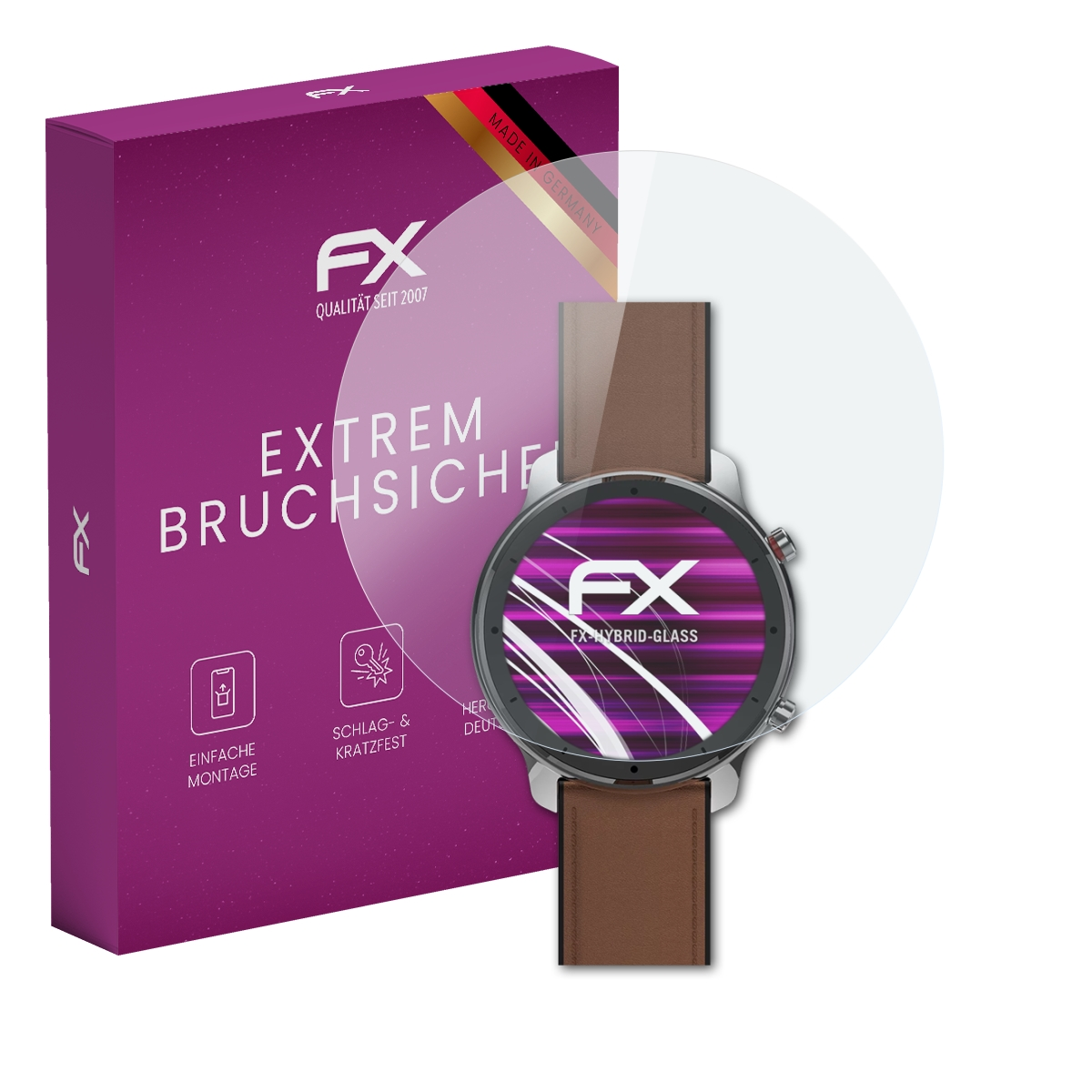 Lila Schachtel mit Smartwatch und Displayschutz. Smartwatch zeigt FX-Logo und Linien.
