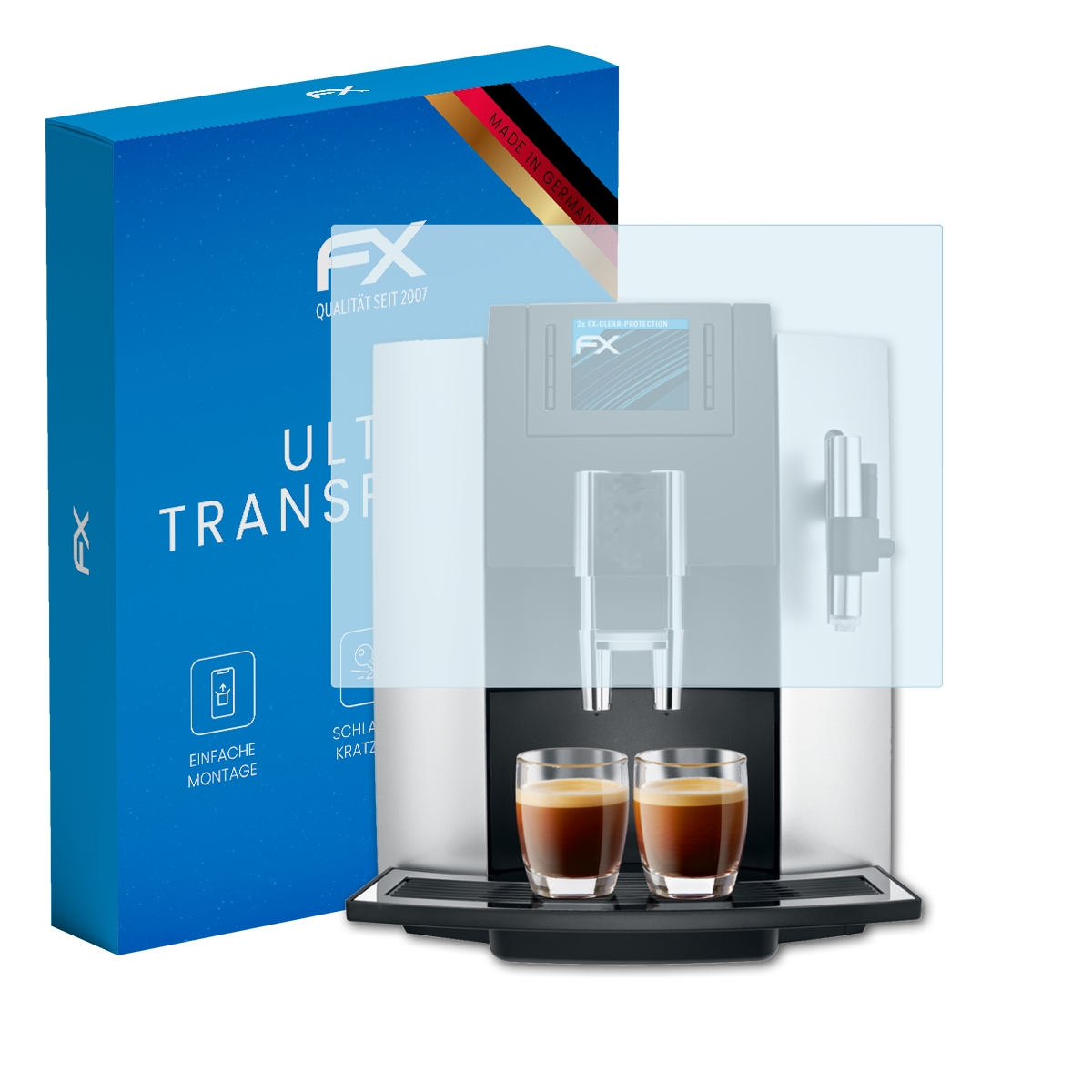 Eine Espressomaschine und Displayschutz, neben einer Schachtel mit deutschem Text und dem FX-Logo.