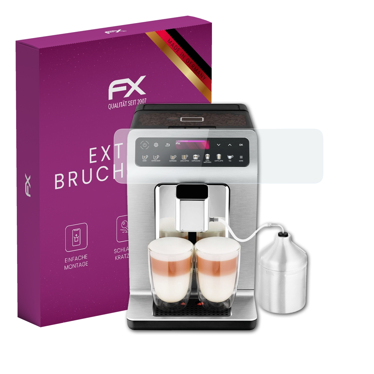 Kaffeemaschine mit Displayschutz und lila Box. Auf der Box steht 'Extrem Bruchsicher'.