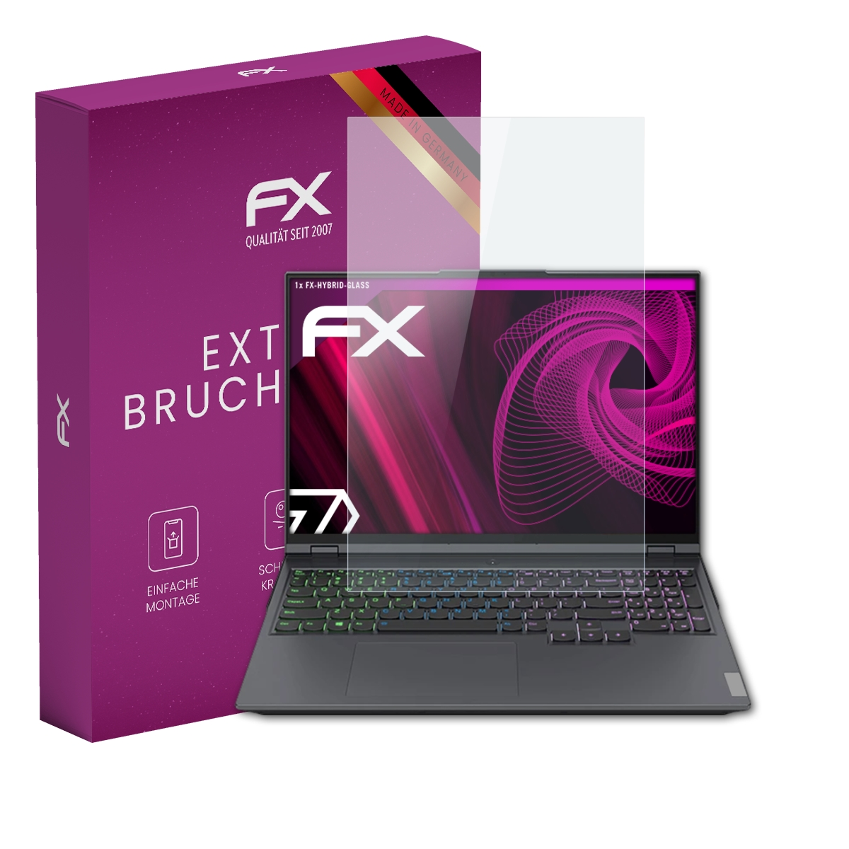 Laptop mit Displayschutz und lila Box. Auf der Box steht 'Extrem Bruchsicher'.