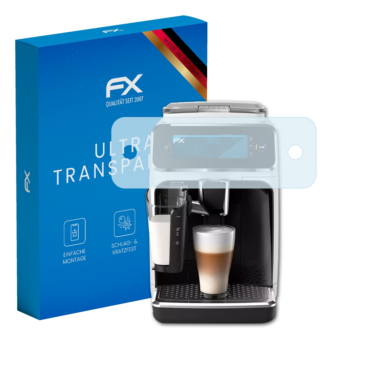 Eine Espressomaschine mit Displayschutz und eine Box mit Text.