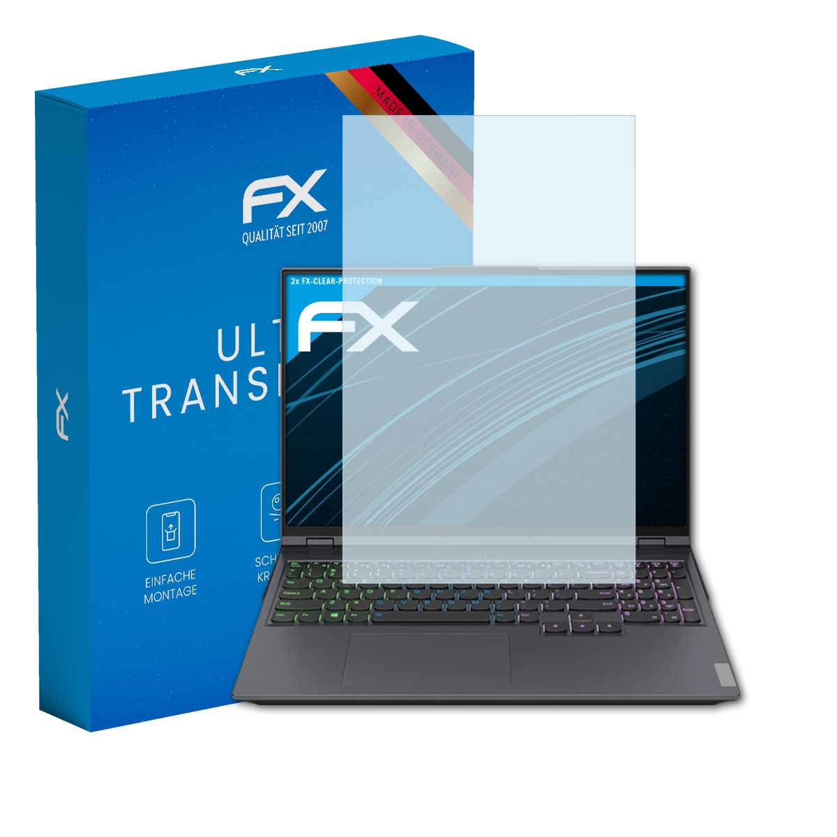 Ein Laptop mit Displayschutz und eine blaue Box mit FX-Logo.