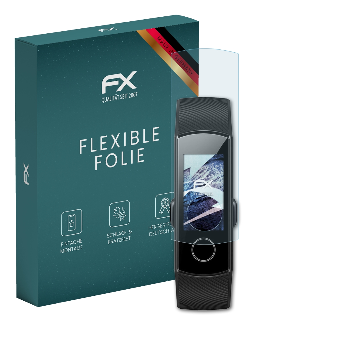 Schwarzer Fitnesstracker mit Displayschutz. Box mit 'FX'-Logo und Produktdetails links.