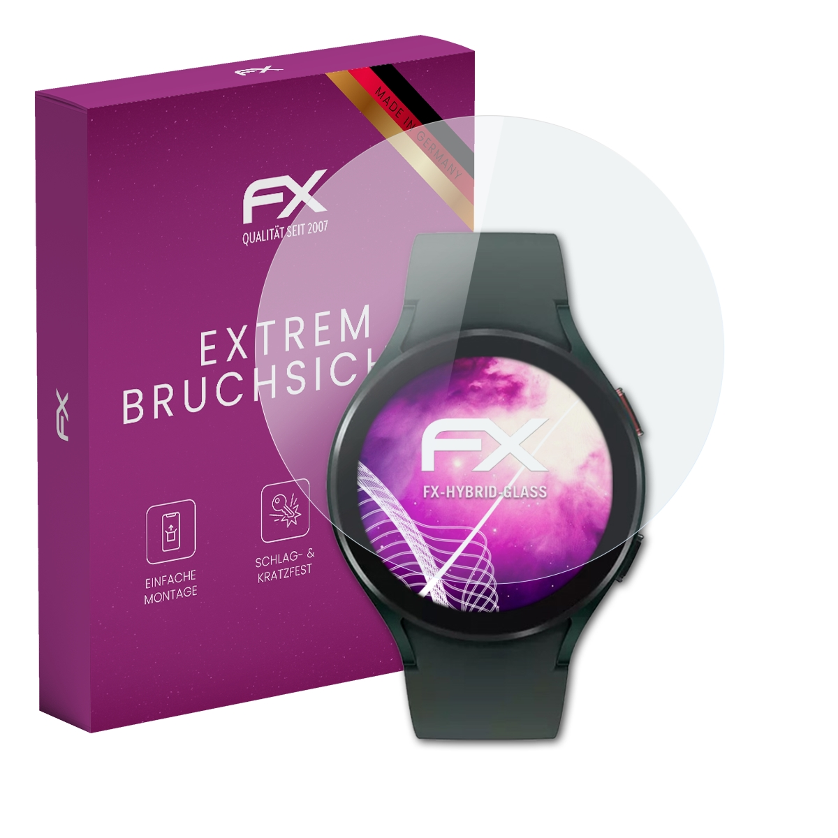 Smartwatch mit Displayschutz. Lila Box mit 'FX'-Logo. Schutz auf dem Zifferblatt.