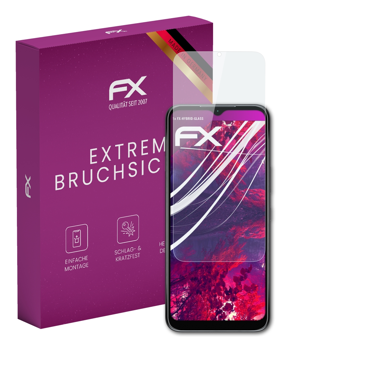 Smartphone mit Displayschutzfolie, eine lila Box. Der Bildschirm zeigt einen rosa-weißen Hintergrund.