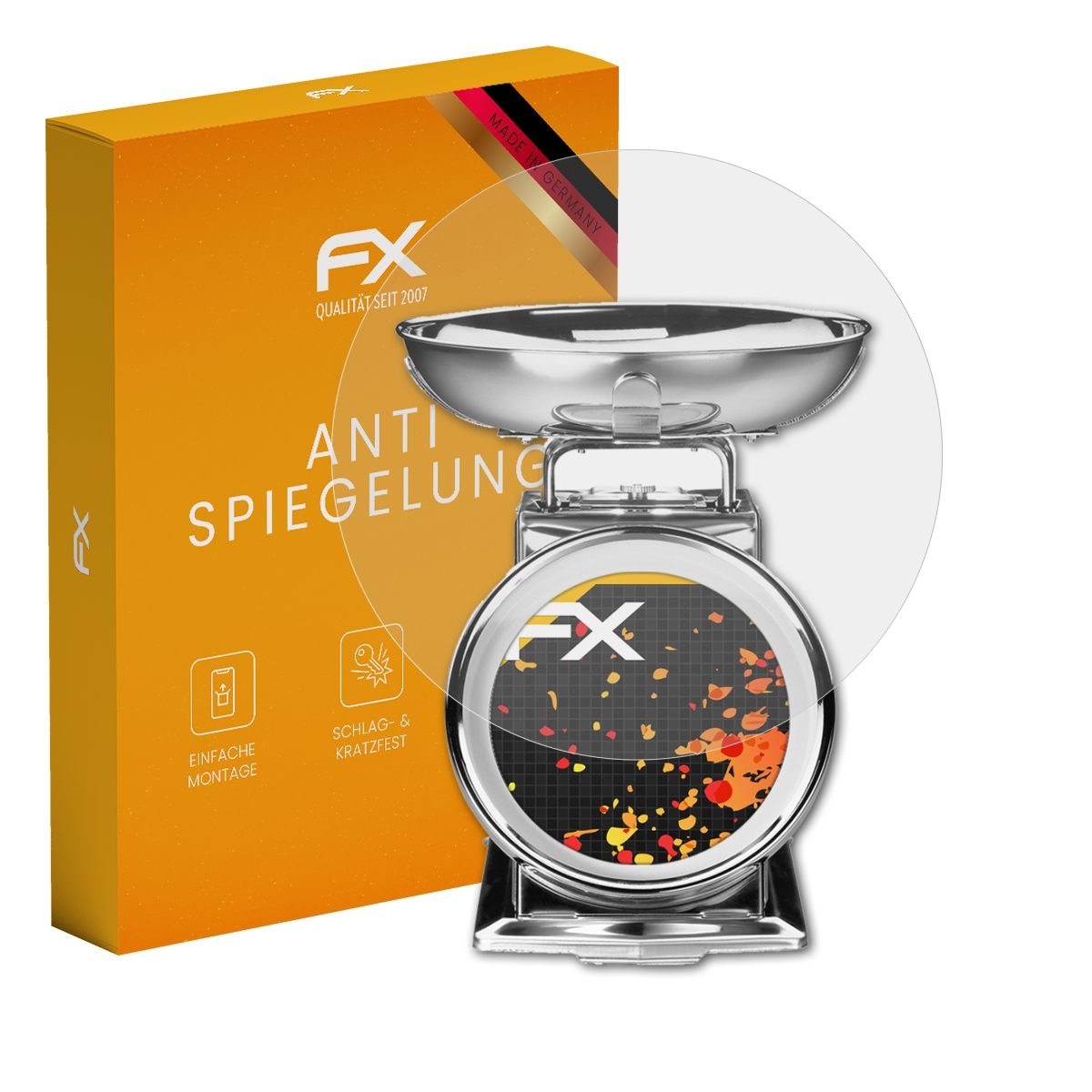 Waage mit Displayschutzfolie neben einer orangefarbenen Schachtel mit FX-Logo und Text. Made in Germany.