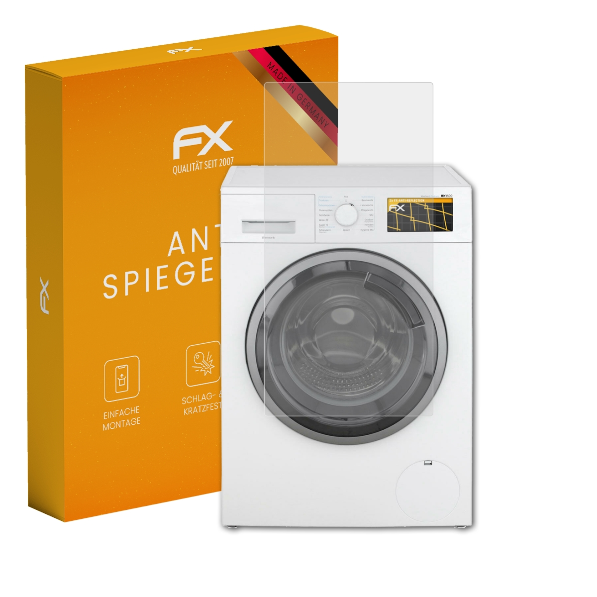 Weiße Waschmaschine mit Displayschutz und eine orangefarbene Box mit Text.