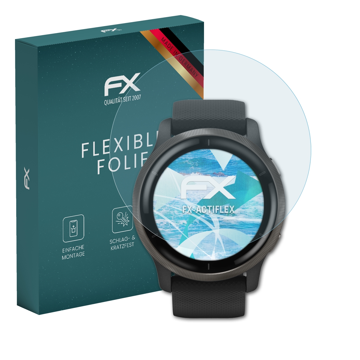 Eine schwarze Uhr mit grauem Gehäuse und eine türkisblaue Schachtel mit FX-Branding und dem Text 'FLEXIBEL FOLIE'.