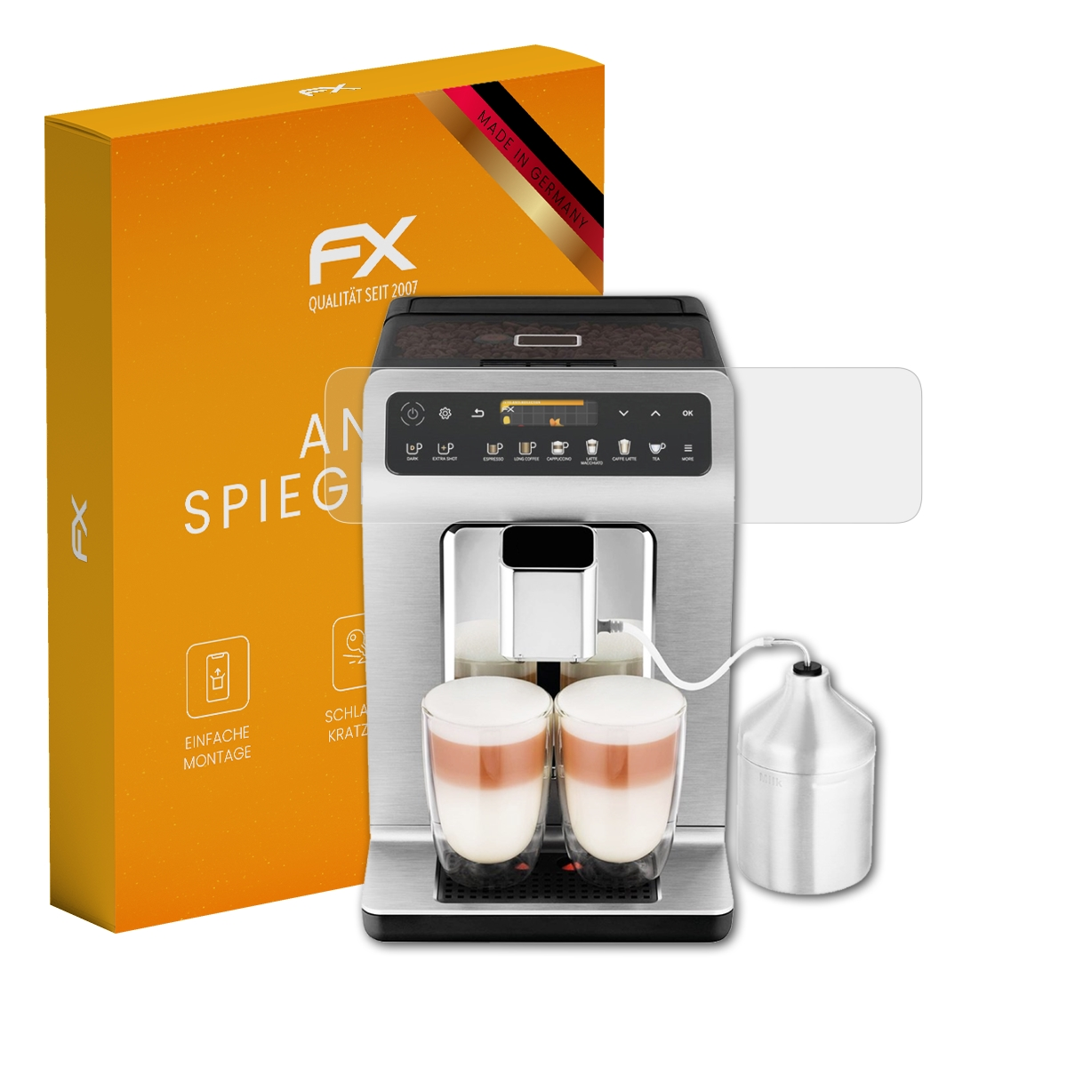 Kaffeemaschine mit Displayschutz, zwei Gläsern Latte und orangefarbener Box mit Details.