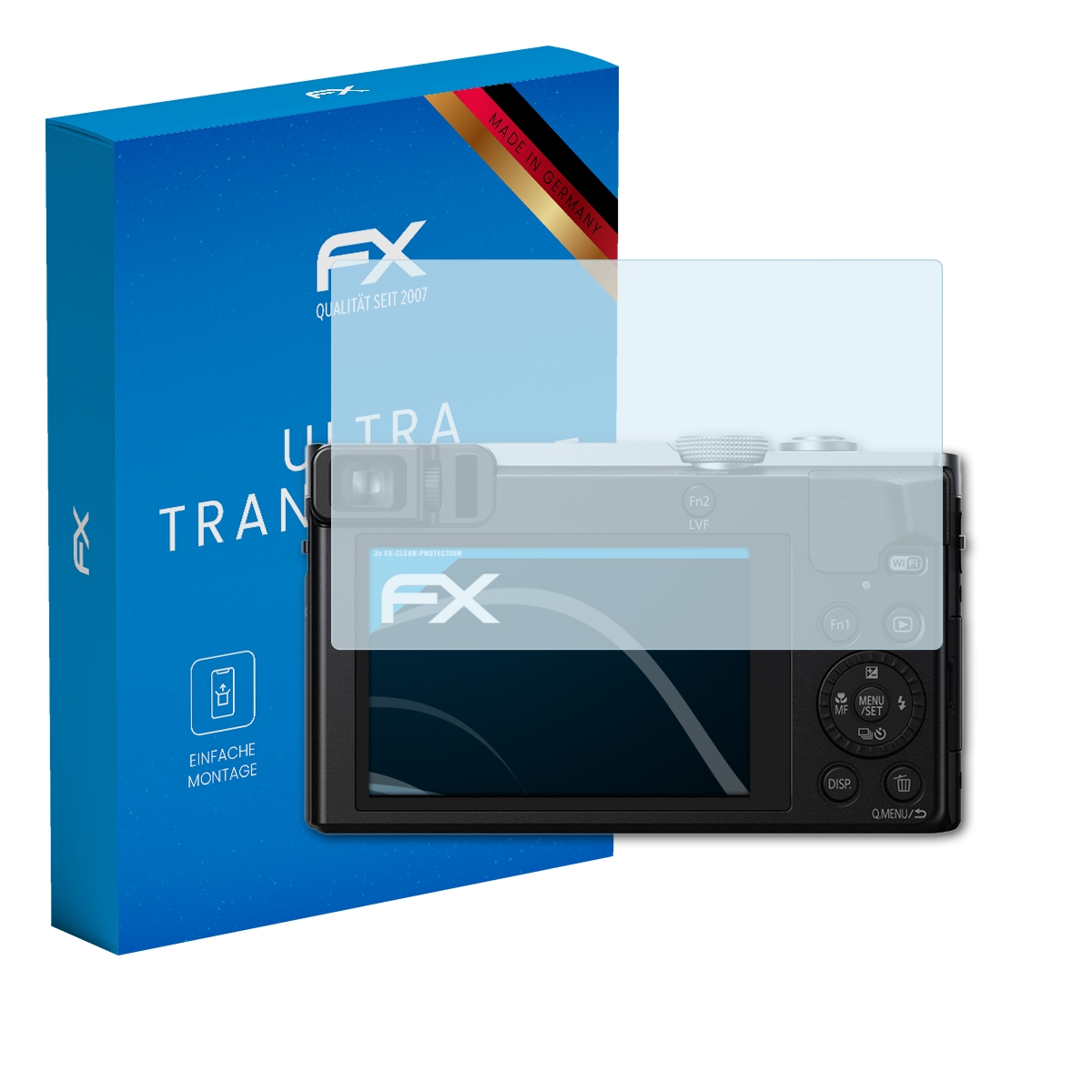 Kamera mit Displayschutz und Box. Box zeigt FX-Marke und Ultra-Transparenz. Kamera ist schwarz.