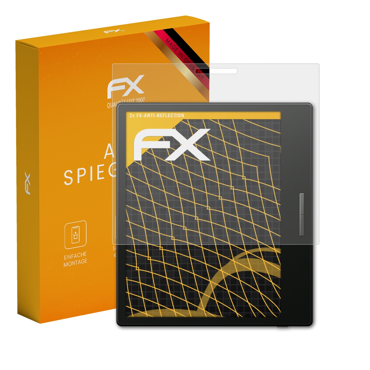 E-Reader mit Displayschutzfolie. Orange Box mit FX-Logo. Anti-Glare-Text sichtbar.