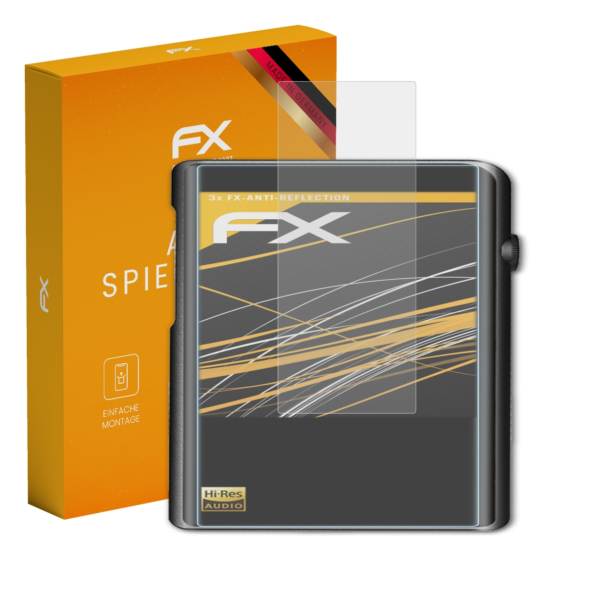 Orangefarbene Box, MP3-Player und Displayschutz. Der Displayschutz ist über dem MP3-Player-Bildschirm.