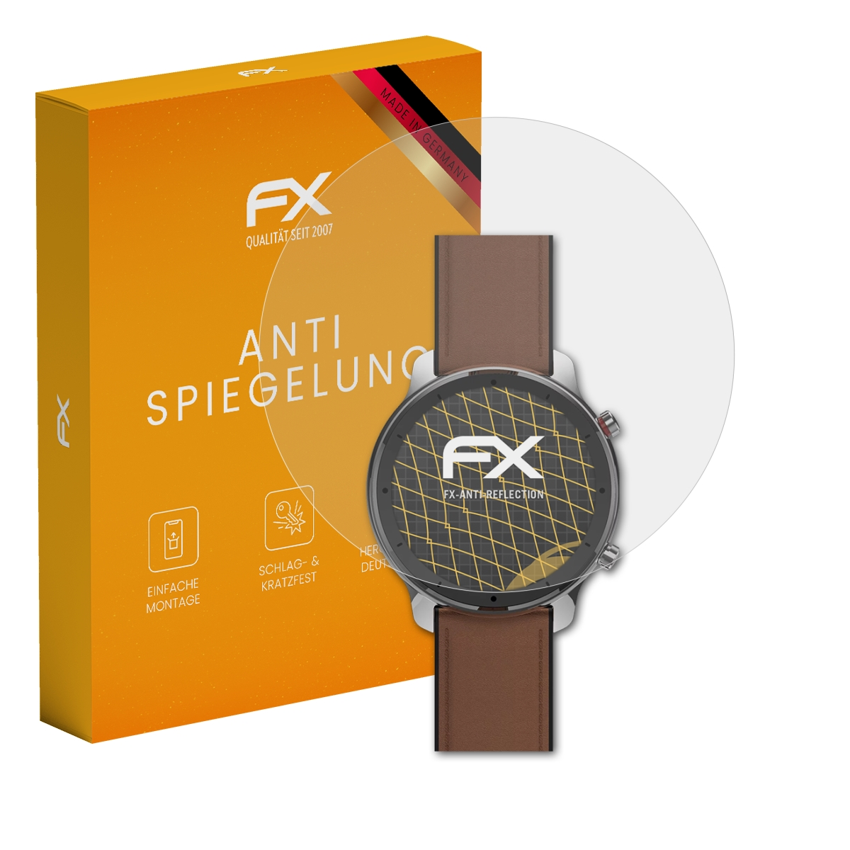 Smartwatch mit Displayschutz und Box. Bildschirm zeigt Design. Made in Germany.