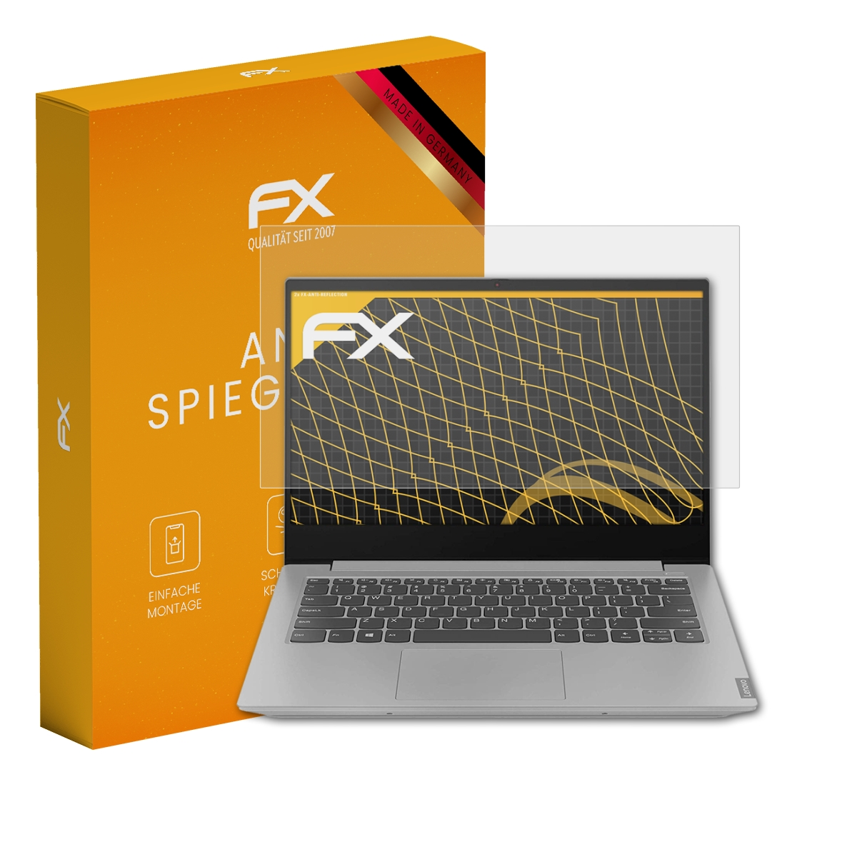 Laptop mit Displayschutz, Box links. Text: Anti Spie.