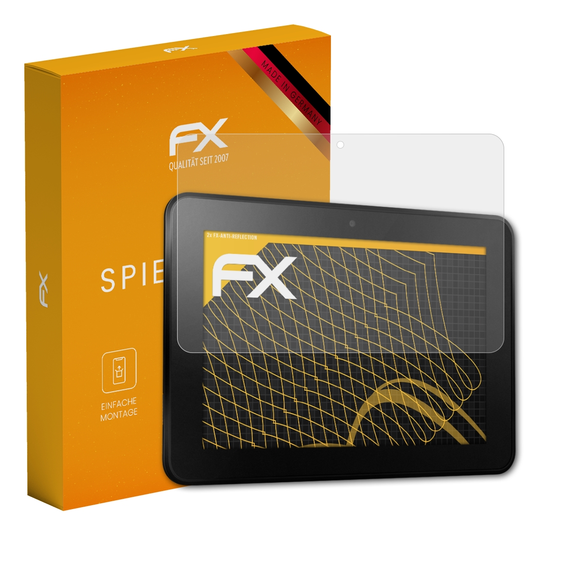 Ein Tablet mit Displayschutz neben einer orangefarbenen Schachtel. Der Schutz ist klar.